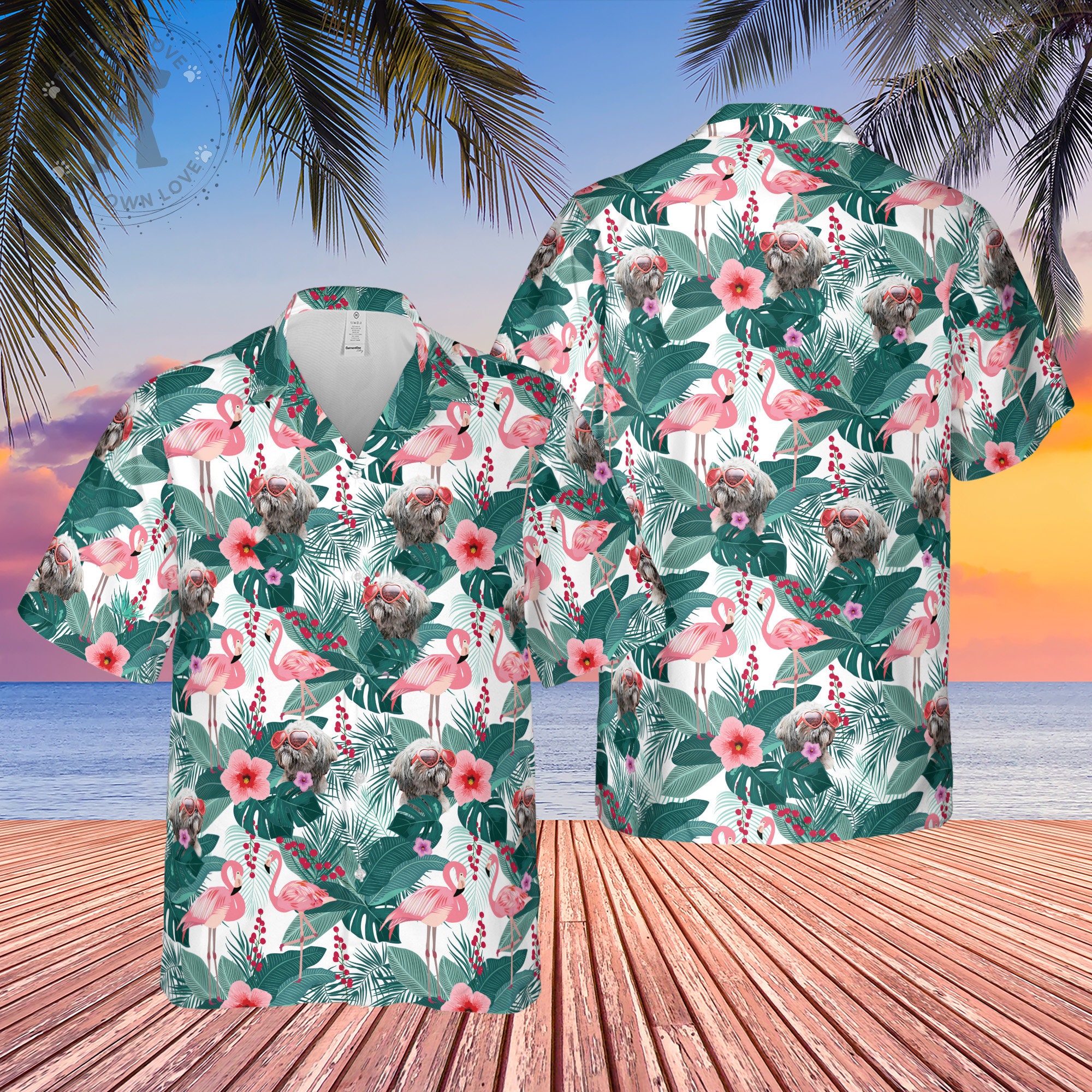 Wedding Summer Beach Pet Green Flamingo Pattern Hawaiian Shirt